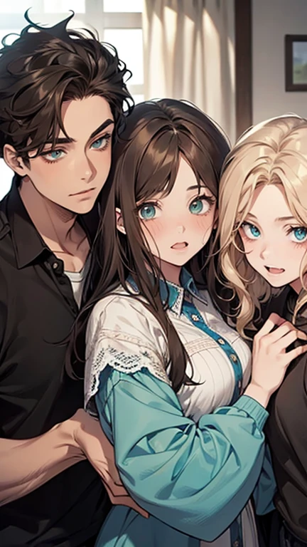 A chubby woman. She has short wavy blonde hair, green eyes. She is taking a selfie with her friends, a girl and two boys. One of the boys has black hair and eyes, the other has brown hair and blue eyes. The girl friend has black hair and brown eyes. 4friends