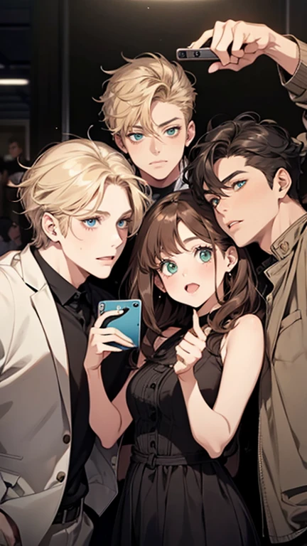 A chubby woman. She has short wavy blonde hair, green eyes. She is taking a selfie with her friends, a girl and two boys. One of the boys has black hair and eyes, the other has brown hair and blue eyes. The girl friend has black hair and brown eyes. 4friends