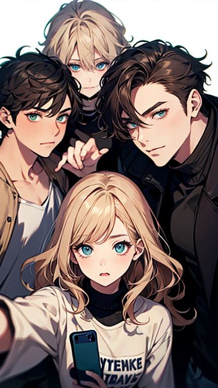 A chubby woman. She has short wavy blonde hair, green eyes. She is taking a selfie with her friends, a girl and two boys. One of the boys has black hair and eyes, the other has brown hair and blue eyes. The girl friend has black hair and brown eyes. 4friends