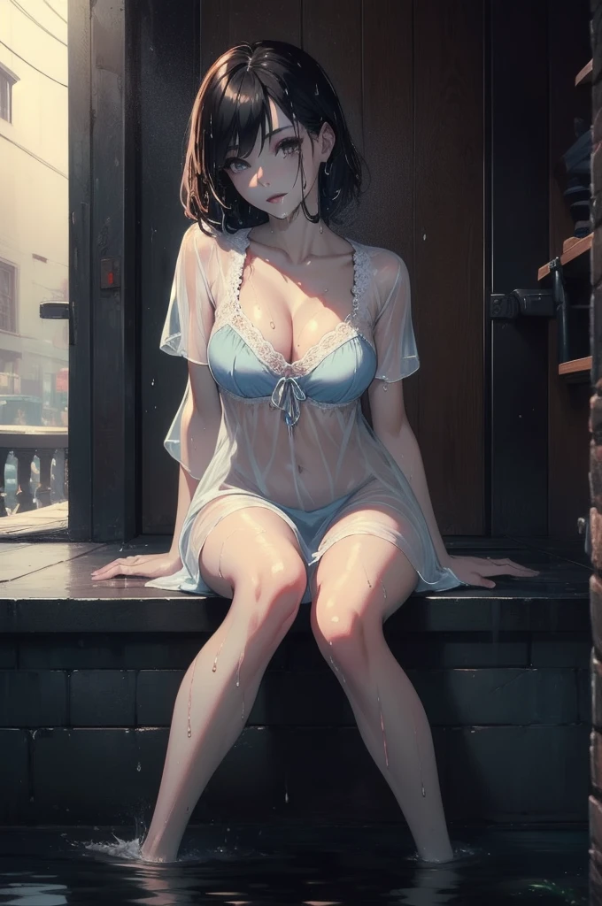 (Highest quality, masterpiece: 1.3), girl: 1, sexy: 1.5, Bob Hair, Brown Hair: 1.3, (Wet body: 1.2), Nightgown, beautiful, Cleavage, Ultra detailed face, Detailed lips, Fine grain, double eyelid, sexy, smile, beautiful Legs