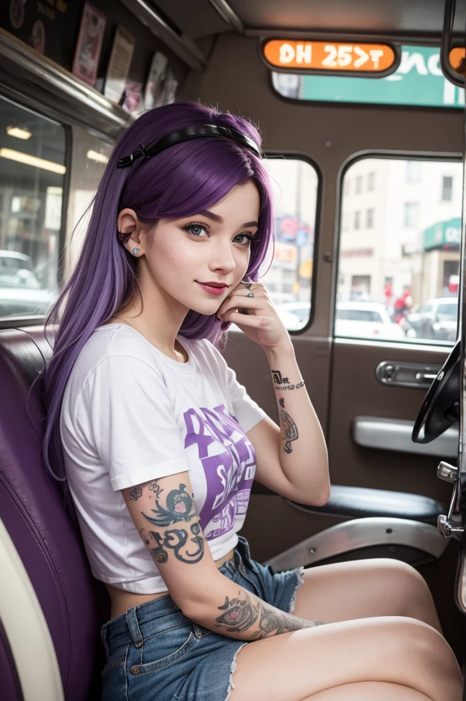 street photography of a young woman with purple hair, ssmile, glad, cute t-shirt, tattoos on arms, sitting in a 50s diner