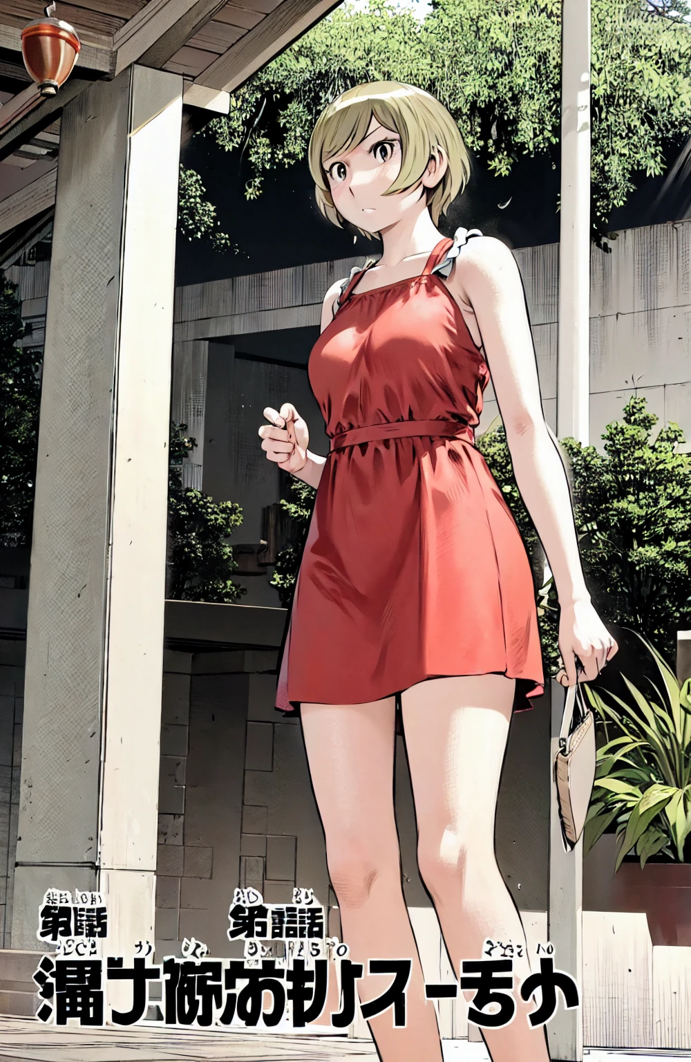 、(masterpiece、Highest quality)、Highest quality, Ultra-high resolution, (((masterpiece))), alone, Sweat、Big eyes, No sleeve、Outdoor、Floral dress、Composition from the front、(Cut the back hair short、short hair、blonde、woman)、Shortcuts、Embarrassed face、Cut your hair short、可愛いwomanの子、Big Breasts