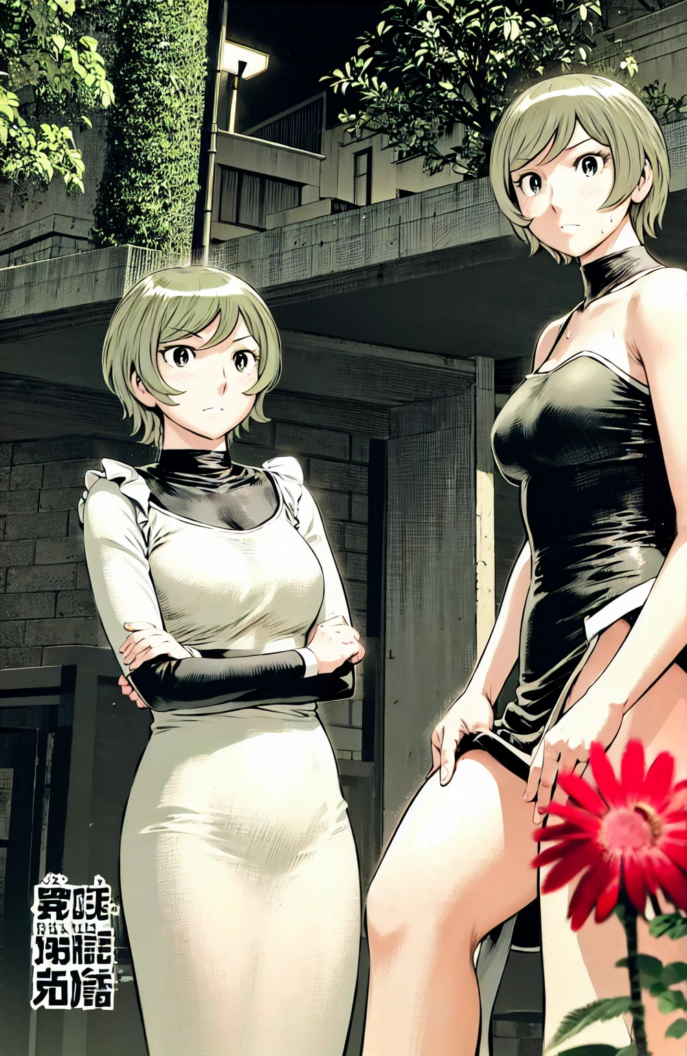 、(masterpiece、Highest quality)、Highest quality, Ultra-high resolution, (((masterpiece))), alone, Sweat、Big eyes, No sleeve、Outdoor、Floral dress、Composition from the front、(Cut the back hair short、short hair、blonde、woman)、Shortcuts、Embarrassed face、Cut your hair short、可愛いwomanの子、Big Breasts