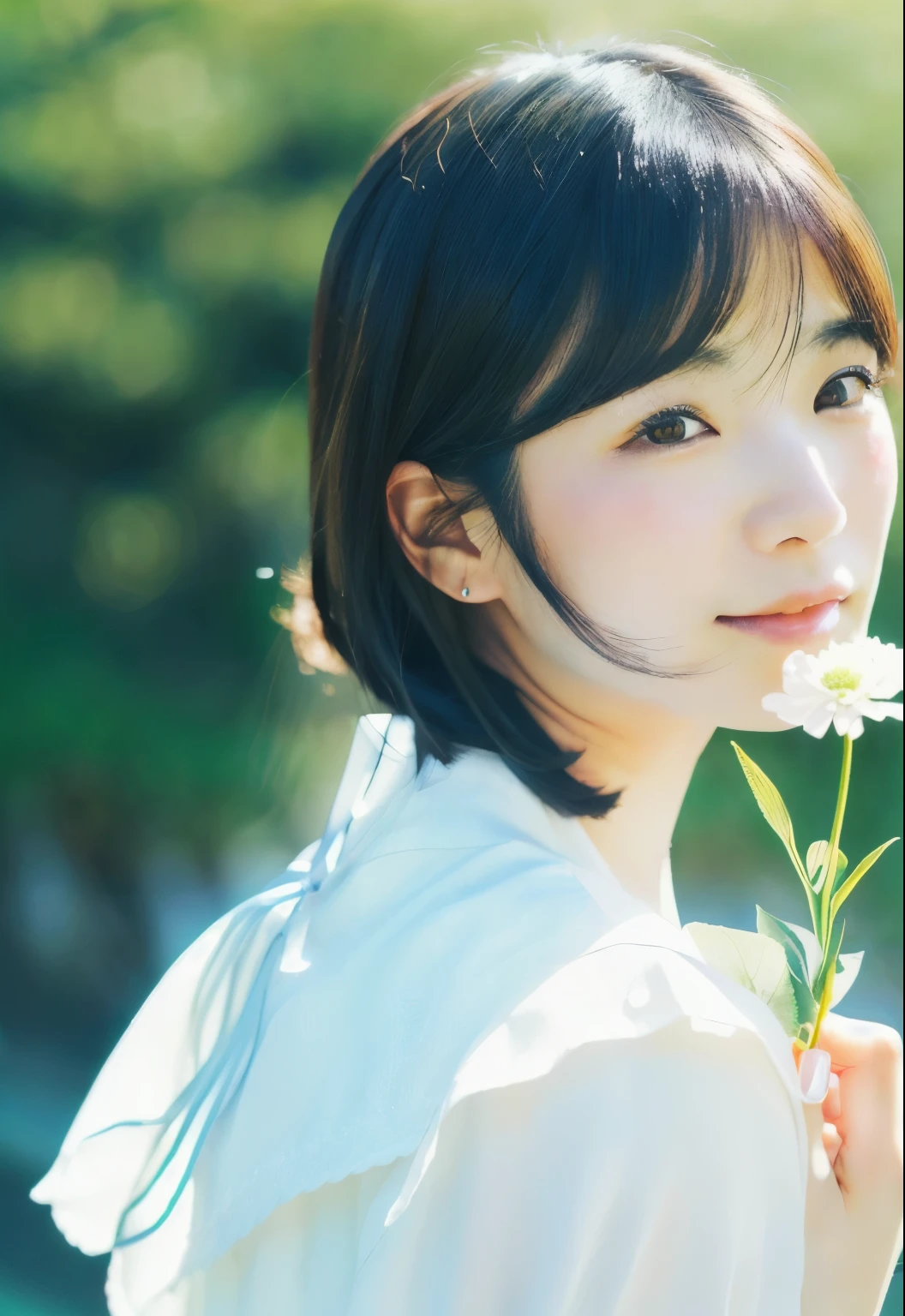 a close up of a woman in a white dress holding a flower, ai yazawa, shiori teshirogi, iwakura lain, close up iwakura lain, kimi takemura, kotegawa yui, takada akemi, aoshima chiho, aoi ogata, yasumoto oka, sakimi chan