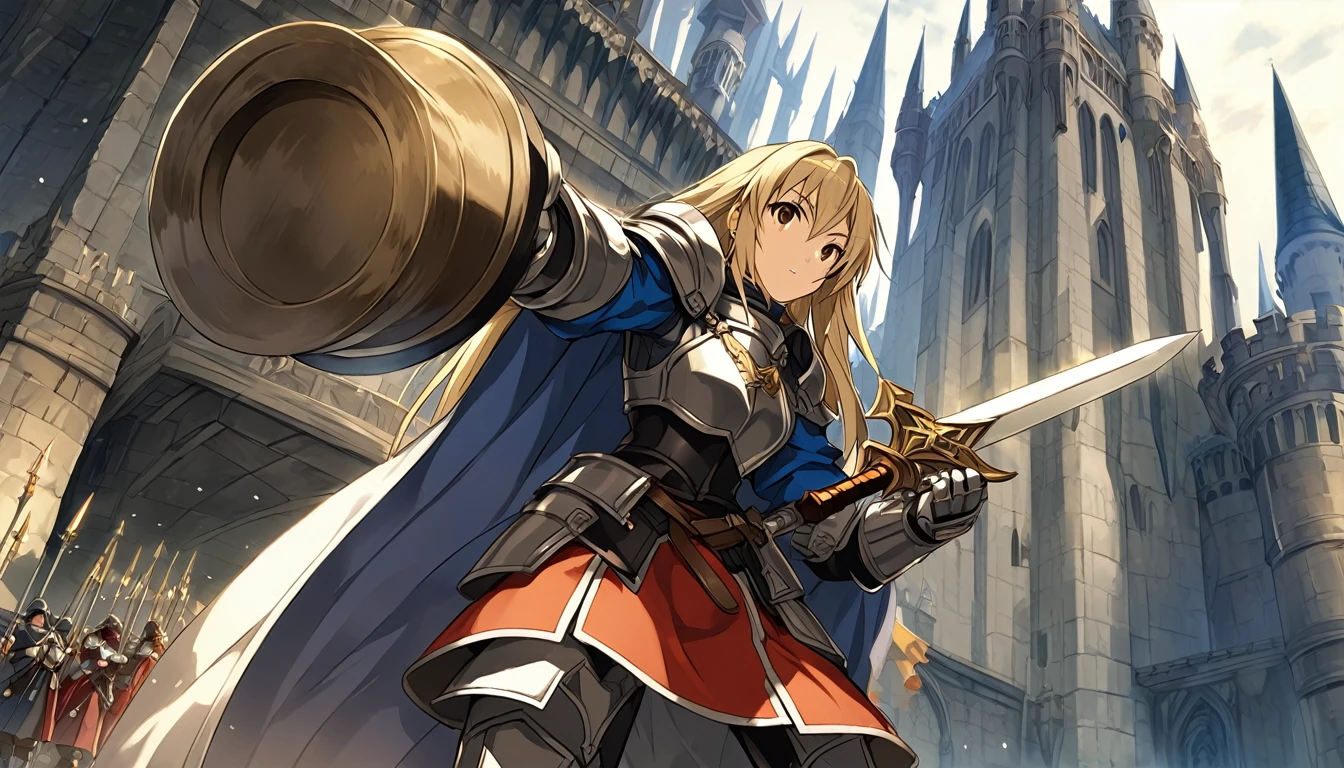((Anime Infinite Stratos Art, inspirado em Final Fantasy Tactics)), The theme is action. It's daytime, 3pm. The theme is action. It's daytime, 3pm. The setting is the interior of a large medieval castle, European style, very detailed, there is a battle of knights taking place outside the castle. The focus of the scene is a Holy Knight, Agrias from Final Fantasy Tactics, short stature, long bright blonde hair, beautiful brown eyes, wonderful, imposing face, carrying in her left hand by the handle a great legendary sword inspired by Final Fantasy, wearing armor heavy with blue robe and Lionsguard crest inspired by Final Fantasy Tactics, imposing and serious demeanor, battle pose. The atmosphere is action and fantasy.