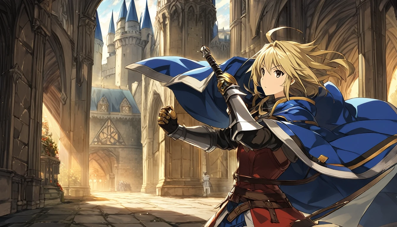 ((Anime Infinite Stratos Art, inspirado em Final Fantasy Tactics)), The theme is action.  It's daytime, 3pm.  The theme is action.  It's daytime, 3pm.  The setting is the interior of a large medieval castle, European style, very detailed, there is a battle of knights taking place outside the castle.  The focus of the scene is a Holy Knight, Agrias from Final Fantasy Tactics, short stature, long bright blonde hair, beautiful brown eyes, wonderful, imposing face, carrying in her left hand by the handle a great legendary sword inspired by Final Fantasy, wearing armor heavy with blue robe and Lionsguard crest inspired by Final Fantasy Tactics, imposing and serious demeanor, battle pose.  The atmosphere is action and fantasy.