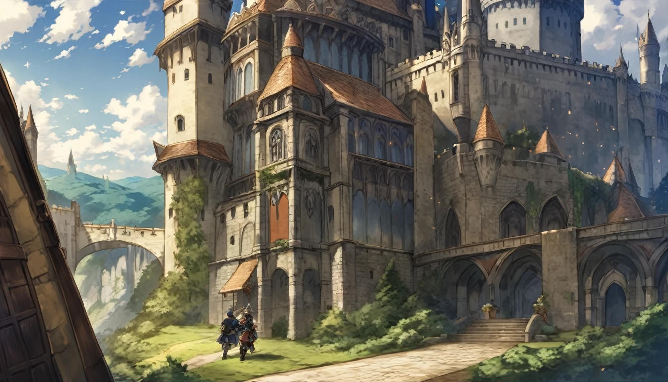((Anime Infinite Stratos Art, inspirado em Final Fantasy Tactics)), The theme is action. It's daytime, 3pm. The theme is action. It's daytime, 3pm. The setting is the interior of a large medieval castle, European style, very detailed, there is a battle of knights taking place outside the castle. The focus of the scene is a Holy Knight, Agrias from Final Fantasy Tactics, short stature, long bright blonde hair, beautiful brown eyes, wonderful, imposing face, carrying in her left hand by the handle a great legendary sword inspired by Final Fantasy, wearing armor heavy with blue robe and Lionsguard crest inspired by Final Fantasy Tactics, imposing and serious demeanor, battle pose. The atmosphere is action and fantasy.