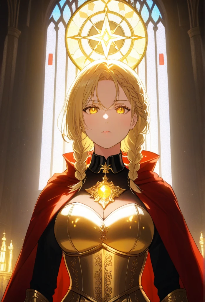 upper body of paladin lady in ornate golden armor, black collar, pauldrons, breastplate, corset, glowing halo, single braid, blonde, yellow glowing eyes, bright pupils, eye focus, red cape, temple indoors, stained glass windows, night, moonlight, particles, light beam, chromatic aberration