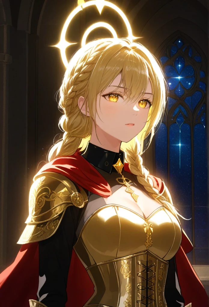 upper body of paladin lady in ornate golden armor, black collar, pauldrons, breastplate, corset, glowing halo, single braid, blonde, yellow glowing eyes, bright pupils, eye focus, red cape, temple indoors, stained glass windows, night, moonlight, particles, light beam, chromatic aberration