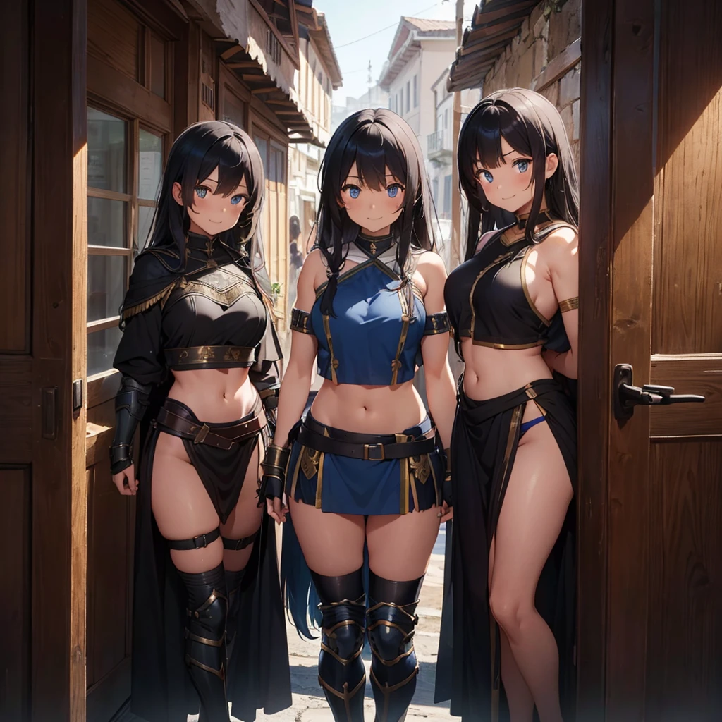 a beautiful Greek warriors girls standing guard at a door, Greek warrior, girls ,tanned skin, tail cover ,brown skin, ancient Greece, classical Greece, black armor ,slim body, defined abdomen , warrior woman, l ight armor, black hair, blue eyes , green eyes , smile