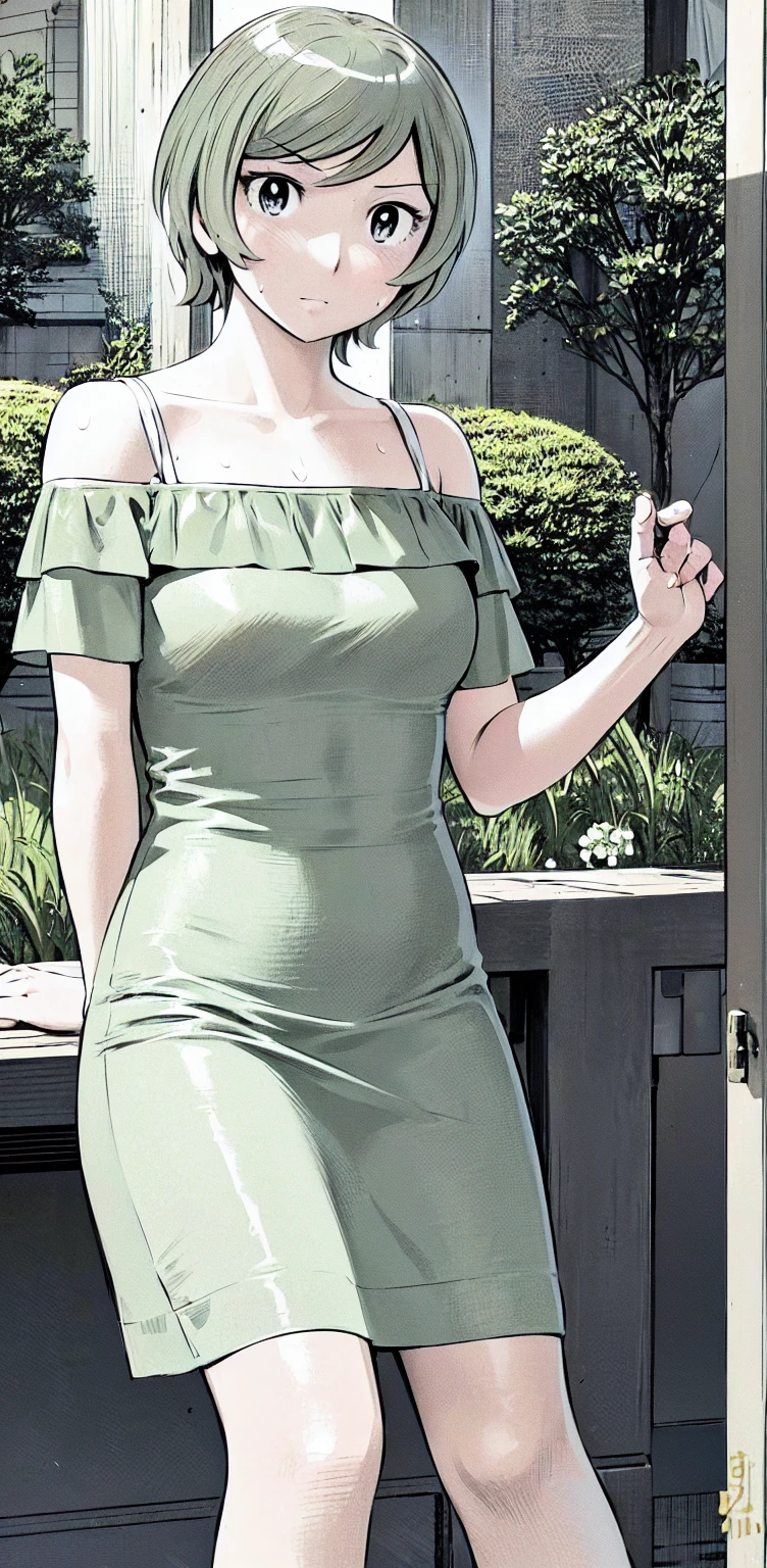 、(masterpiece、Highest quality)、Highest quality, Ultra-high resolution, (((masterpiece))), alone, Sweat、Big eyes,Show Viewer, 
blonde,(short hair:1.2), (Highest quality:1.3),One Girl,Private Server、Floral dress、nature、Off the shoulder、Embarrassed face