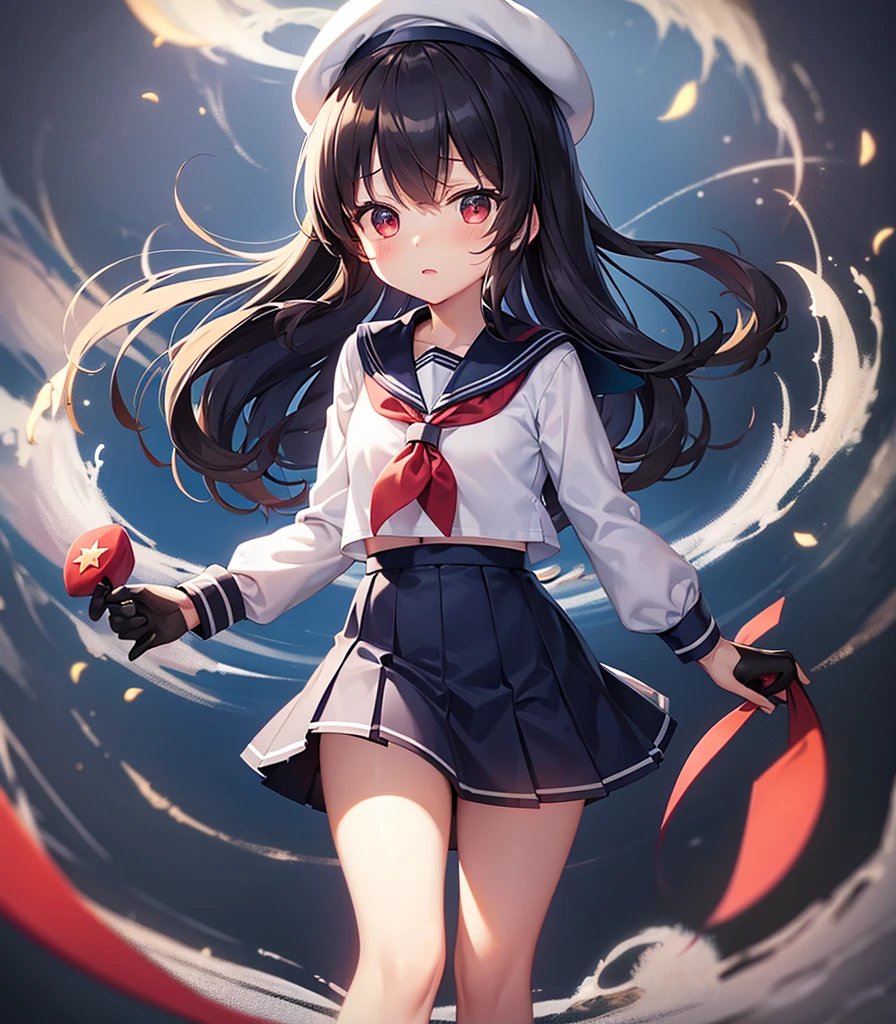 (Sailor suit),(((Navy Mini Skirt))),(Red Beret),,Cute little loli,Tiny Lori,Small girl,,Childish face, Very fine clean face,Top quality, Big eyes,Straight Hair,Yellow hair,Crimson Eye,(Dark Room), Subtle light, Natural light,Soft lighting,Light from directly behind, (Are standing), Cute pose, (Open your hands), Showing the whole body,Front view,Black background