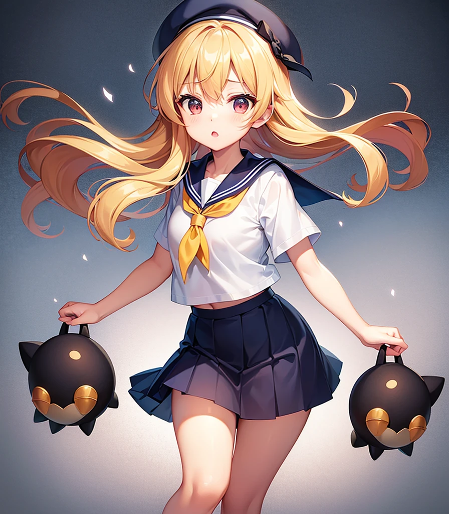 (Sailor suit),(((Navy Mini Skirt))),(Red Beret),,Cute li,Tiny Lori,Small girl,,Childish face, Very fine clean face,Top quality, Big eyes,Straight Hair,Yellow hair,Crimson Eye,(Dark Room), Subtle light, Natural light,Soft lighting,Light from directly behind, (Are standing), Cute pose, (Open your hands), Showing the whole body,Front view,Black background