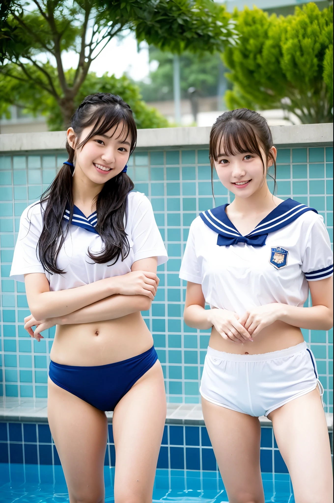 2 girls taking shower in sunny school poolside,wet sailor shirt,white panties,18-year-old,bangs,a little smile,thighs,knees,wet short hair with low pigtails bunches,from beside,front light