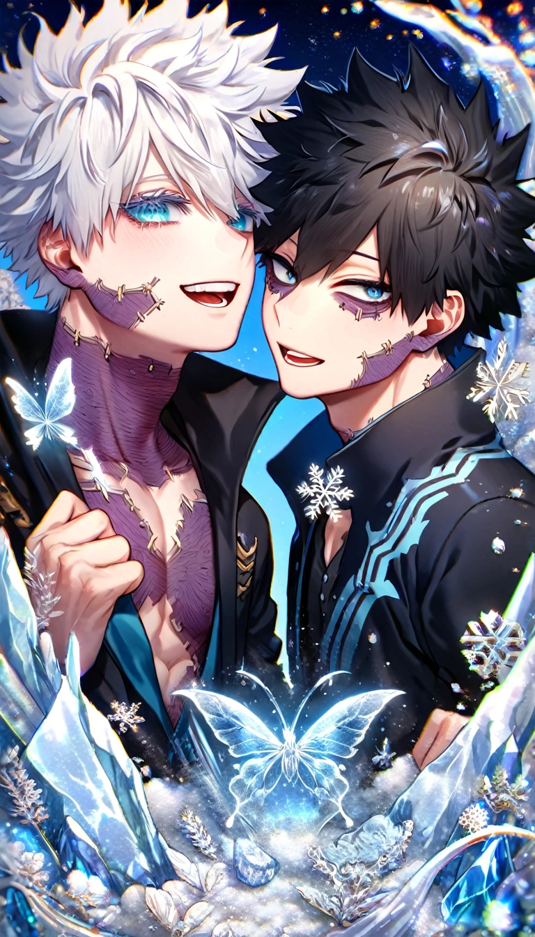 absurdres, highres, ultra detailed, HDR, master piece, best quality, extremely detailed face, delicated features, Genten, white hair, medium-length hair, expressive blue eyes, Boku No Hero Academia, Dabi, black hair, expressive turquoise eyes, two sexy men together, yaoi, gay couple, handsome, smiling, blue jacket with fur, black coat, fantasy, magical, ice, blue fire, ice butterflies, snowflakes