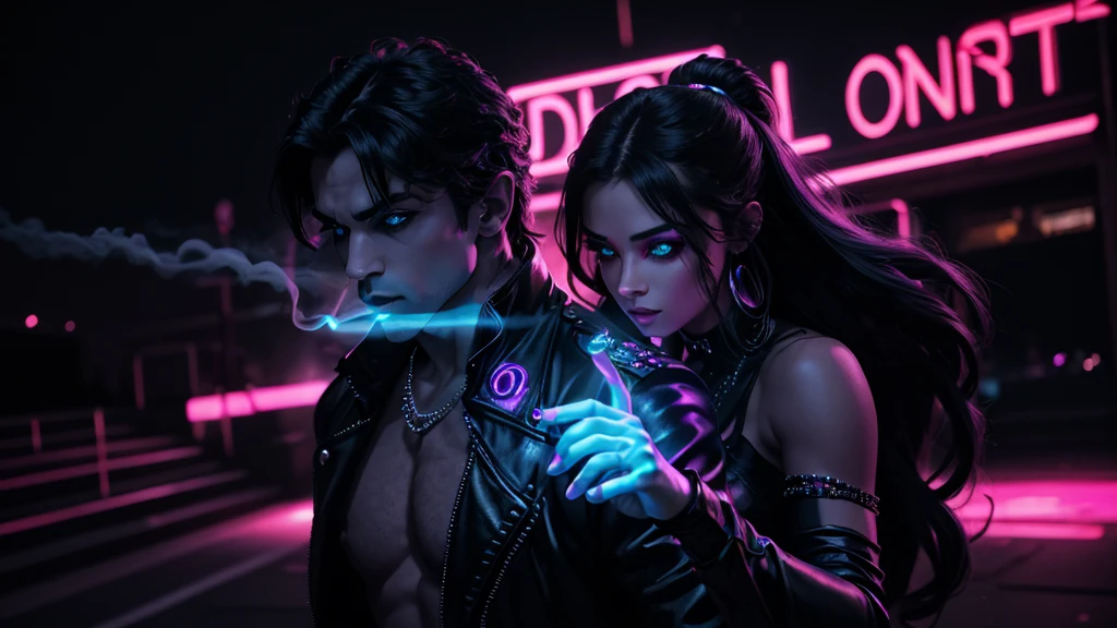 prince of darkness dancing with a beautiful sultry female, that's glowing in the darkness, dancing in futuristic ancient city streets, neon colors, high detail, long shot, wide shot, 4K, 3D, REALISTIC, (iridescent glow smoke), UHD, 32K, very bold neon colors, black light, neon light