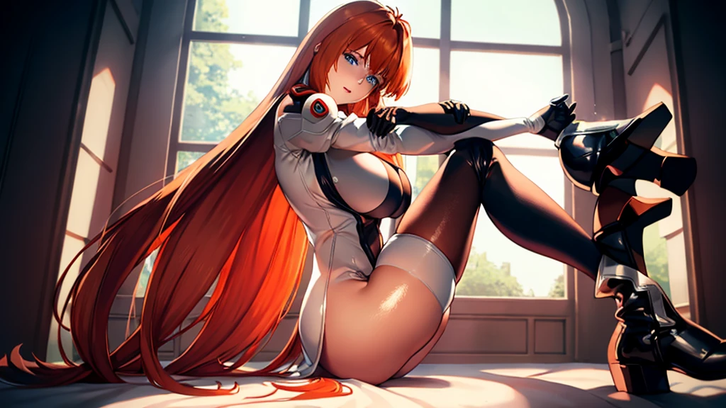 Elhaym von Houten, Uniform, Posing, Massive Breasts stretch the fabric of her uniform. Orange Hair, beautiful redhead hair. Gloves. Stockings. Pantyhose. Boots. Elhaym van Houten. (tight ass) (massive breasts) spaceship, windows, cowboy shot, uhd, 8k, best quality:1.4, intricate details, sharp focus, highres, elaborate atmosphere:0.90, 8K, 4K, UHD,