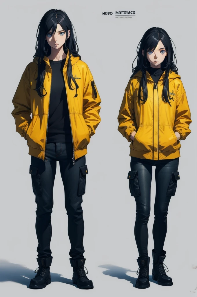 girl, Yellow Jacket, Put your hands in your pockets, Gazing at Other People, Long black hair, heterochromatic eyes, heterochromatic eyes, Heterochromatic pupil, 8K resolution, Very detailed, Anatomically correct, Digital Painting, Concept Art, Makoto Shinkai style, Clear images,
