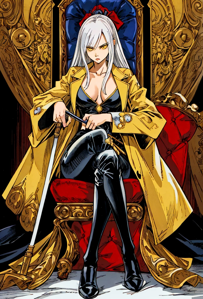 Best quality，masterpiece，a high resolution，Adult female, 1girl, Mafia member, serious face, sitting on throne, legs crossed, visible breasts apart, visible collarbone, holding cane, visible cane, lipstick, white hair, long hair, yellow eyes, black coat, long pant, thighs, black pant, upper crop, above view,