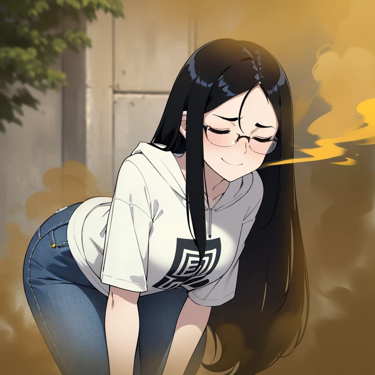 solo,1female,((black hair, long hair, hair swept to sides, smart looking hair, boyish hair)),pale skin ,glasses, hoodie tshirt, blue jeans, thin body, tall and skinny, massive fart, yellow smoke rising, relieved face, relief, closed eyes, climax, climax face, 'blush, bend over, alone in park