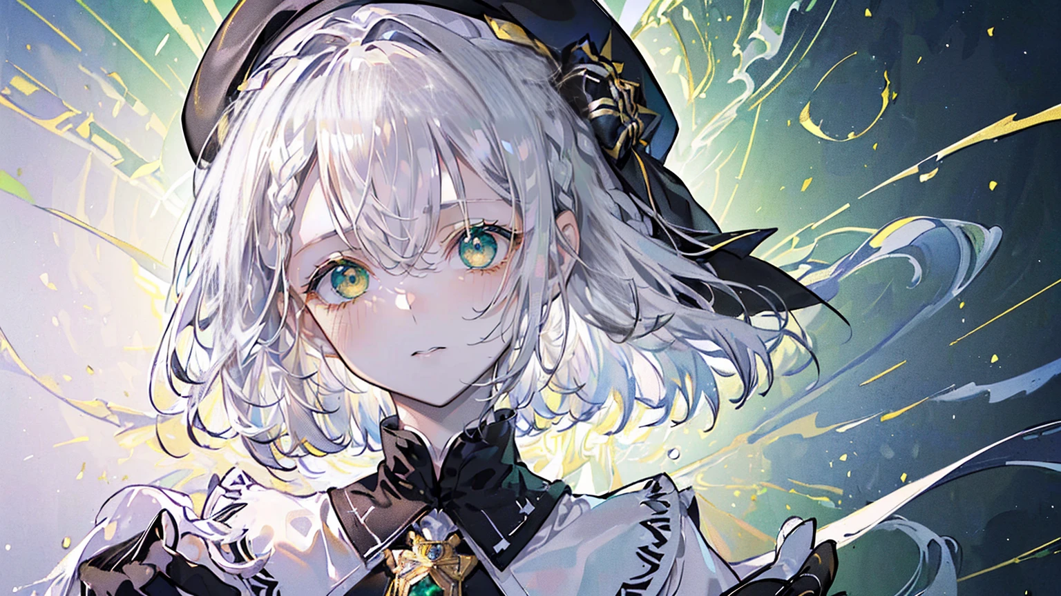 (Super detailed)),((illustration)),((masterpiece)),(((need))),((fine、Highest quality CG Unity 8K wallpapers,masterpiece),((4K,masterpiece,best quality)),Girl with short silver hair,hair strand,expressive hair,Braids,Gold and silver heterochromatic eyes,flat chest,Silver sun hat,White gloves,Black beret,Green and black painter's costume,Golden short shawl,Monocle,Put some paint on your face,Black shoes,Standing in a simple green house,The walls are covered with my own paintings and mirrors,Looking in the mirror,Show yourself in the mirror,Dying,Overworked,individual,Full body picture