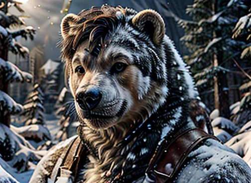  Professional retro-style photograph of a humanoid polar bear is hunting its food . In the scenario there are immense frozen mountains. The soil and frozen environment, snow covered, icy storm , urso polar pelugem branco  🐻‍❄️ 🤍. Half-body portrait, black background, studio chiaroscuro technique, ultra-realistic and highly detailed. Retro-style lighting can be applied as needed.