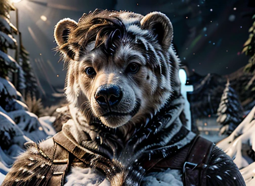  Professional retro-style photograph of a humanoid polar bear is hunting its food . In the scenario there are immense frozen mountains. The soil and frozen environment, snow covered, icy storm , urso polar pelugem branco  🐻‍❄️ 🤍. Half-body portrait, black background, studio chiaroscuro technique, ultra-realistic and highly detailed. Retro-style lighting can be applied as needed.