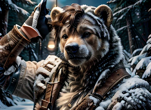 Professional retro-style photograph of a humanoid polar bear is hunting its food . In the scenario there are immense frozen mountains. The soil and frozen environment, snow covered, icy storm , urso polar pelugem branco 🐻❄️ 🤍. Half-body portrait, black background, studio chiaroscuro technique, ultra-realistic and highly detailed. Retro-style lighting can be applied as needed.