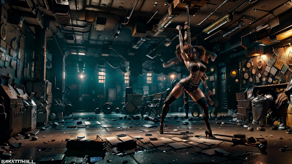 a dirty, decrepit strip club, a dancer on a pole, messy and unkempt interior, dark and gritty night club atmosphere, (best quality,4k,8k,highres,masterpiece:1.2),ultra-detailed,(realistic,photorealistic,photo-realistic:1.37),dark moody lighting,dramatic shadows,neon lights,cinematic composition,gritty urban setting,dirty worn surfaces,grimy textures,alcohol bottles,litter on the floor,smoke filled air,sexy dancer pose,dramatic expression