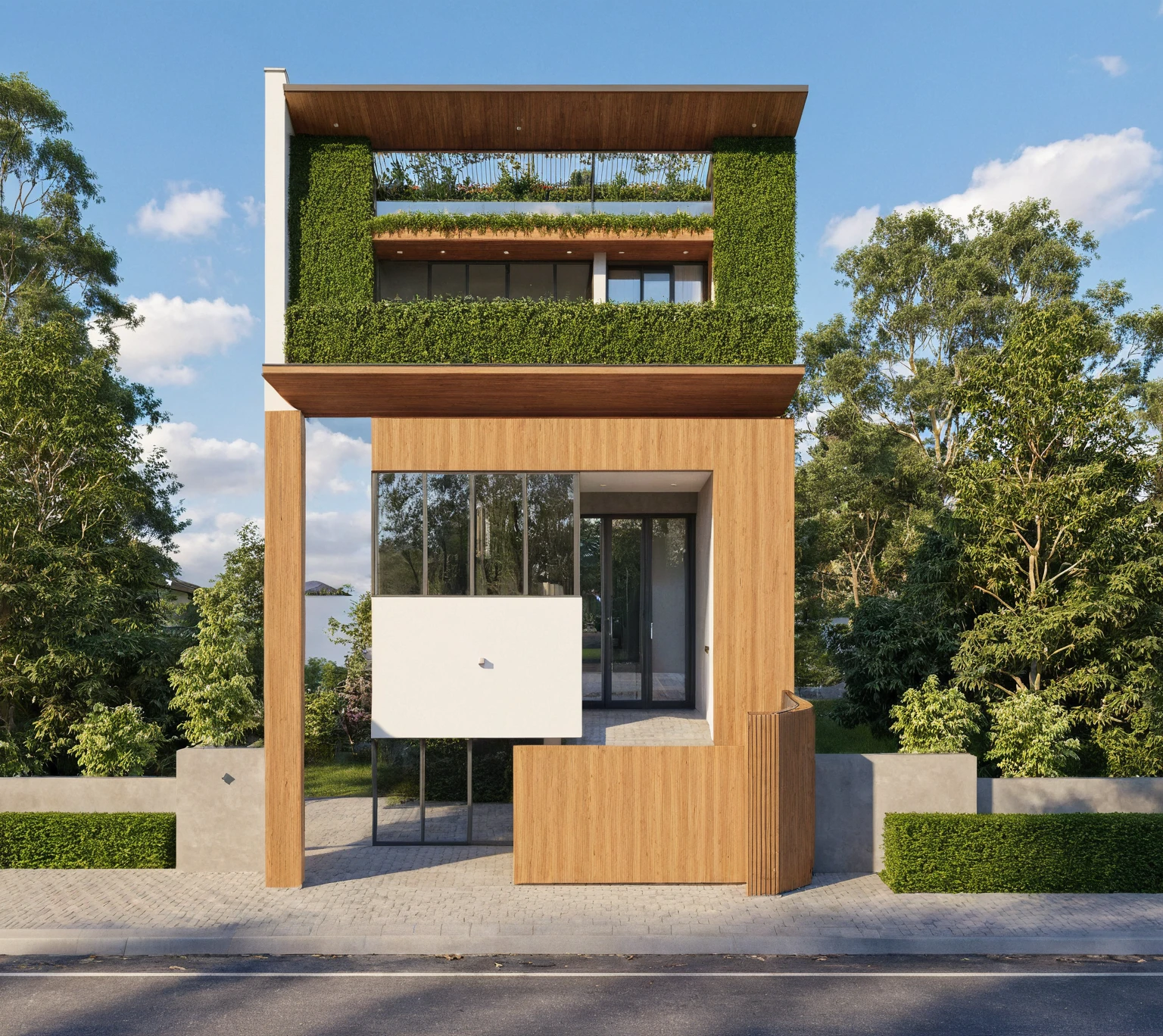 Raw photo,Masterpiece, high quality, best quality, authentic, super detail,
exterior, outdoors, house style modern on the street, glass windows, gate, wooden ceiling,
road corner ,pavement, trees, sky, cloud, (daylight:1.1)