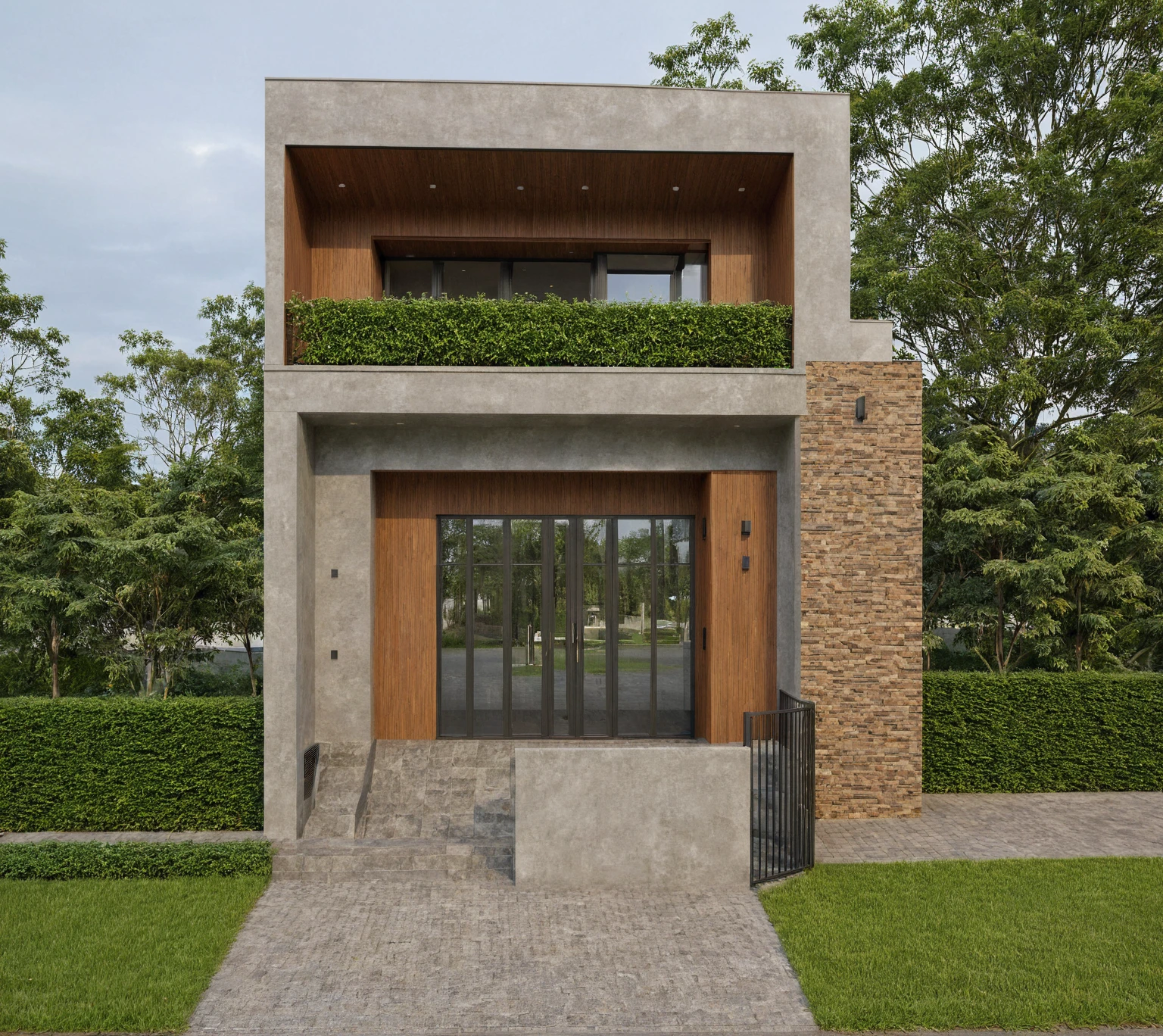 Raw photo,Masterpiece, high quality, best quality, authentic, super detail,
exterior, outdoors, house style modern on the street, glass windows, gate, wooden ceiling,
road corner ,pavement, trees, sky, cloud, (daylight:1.1)