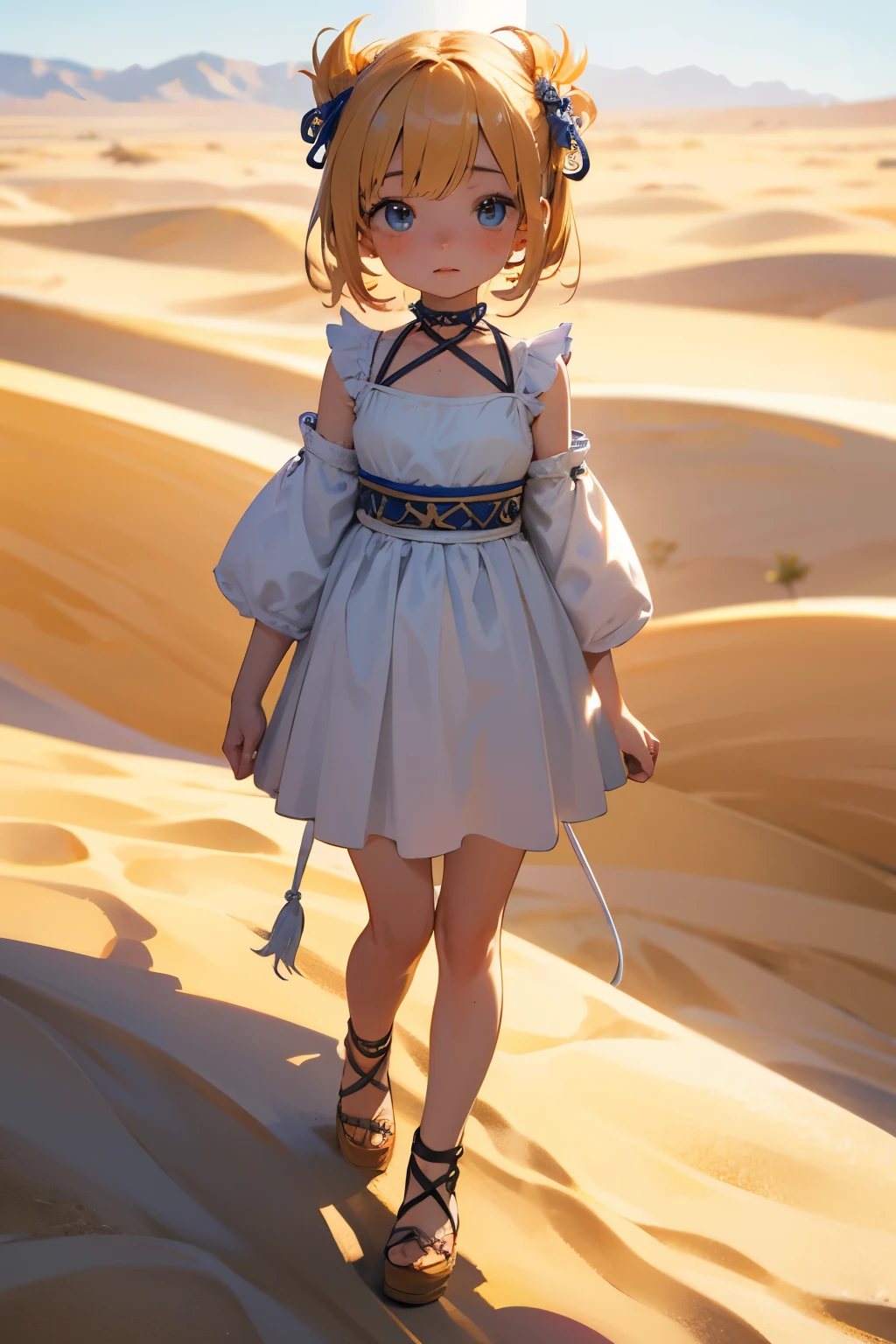 Chibi Girl、Walking through the desert under the scorching sun、Sweat、heat haze、Cute Shoes、whole body、A landscape of nothing but sand、Very detailed、Ultra-realistic、Photorealistic、8K、Hyperrealistic、masterpiece、Beautiful detailed eyes、Beautiful detailed lips、Very detailedな顔、Long eyelashes、Beautiful young girl、Beautiful lighting、Cinematic、Intricate details、Soft Focus、Depth of written boundary