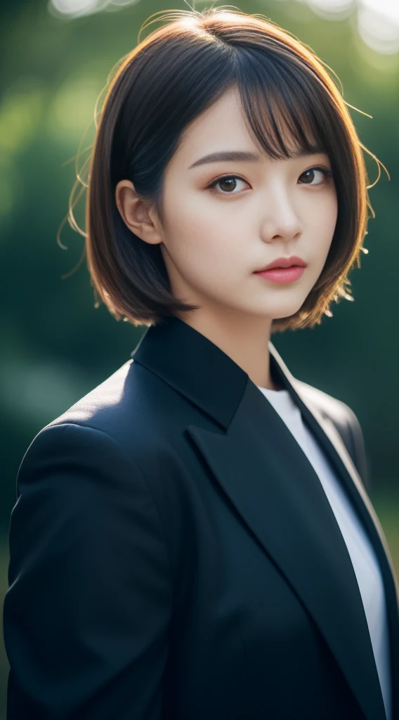Beautiful adult female, Top quality, masterpiece, 1 Girl, short hair，Beautiful face, (Photorealism:1.3), Rim Light, (High Detail Skin:1.2), 8K UHD, Digital SLR Camera, high quality, high resolution, 4K, 8K, Bokeh, (Realist:1.3), Wearing a black formal suit jacket, Short skirt, (Transparent tops:1.1),Front camera，Keep your eyes on the camera