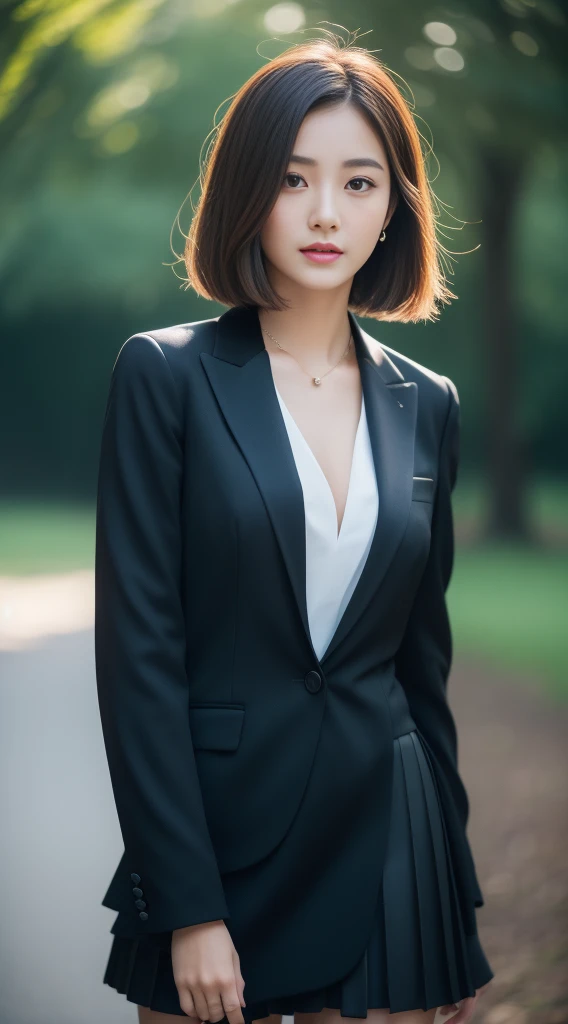 Beautiful adult female, Top quality, masterpiece, 1 Girl, short hair,Beautiful face, (Photorealism:1.3), Rim Light, (High Detail Skin:1.2), 8K UHD, Digital SLR Camera, high quality, high resolution, 4K, 8K, Bokeh, (Realist:1.3), Wearing a black formal suit jacket, Short skirt, (Transparent tops:1.1),Front camera,Keep your eyes on the camera