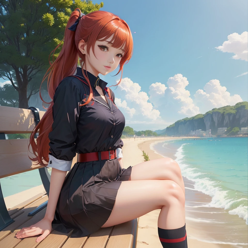 Anime girl sitting cross-legged on a beach bench,, 4k anime wallpaper, , Smooth anime CG art, Beautiful anime girl, High-quality anime art style, Young anime girl, Cute girl anime visual, Anime girl in black dress, Anime Wallpaper 4K, Anime Wallpaper 4K,Red Hair,JK Uniform,Shoes black sailor,Red Hair,Single ponytail,With bangs,Sitting on a park bench,Single ponytail上有红色蝴蝶结 ,Looking into the distance,blue sky,Calf socks,Screen highlight,Hair clips on both sides,Dark red loafers,whole body ,masterpiece,Top quantity,Best quality,Ultra-high resolution,Flat color,Kasumi Yoshizawa in P5R,Hands behind your back ,masterpiece,Front view,