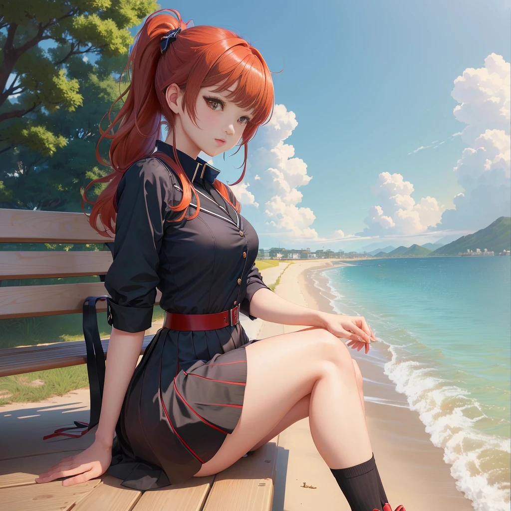 redhead relaxed, enjoying the sunset, on the bench,in the autumn park,short skirt,lake on the horizon,slope,hill,cyberpunk, dark, neon signs, high contrast, low light, vibrant, highly detailed