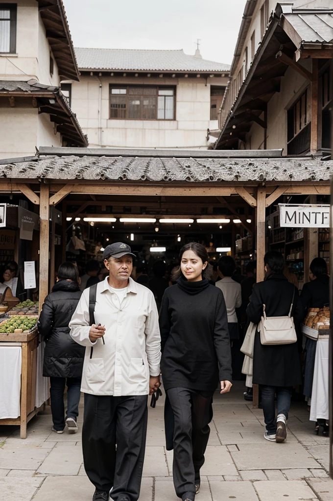 Create a one-line illustration with a sketch of a crowd of people at a traditional market, with black and white colors that highlight the differences in clothing textures, building materials market, and the market is busy.