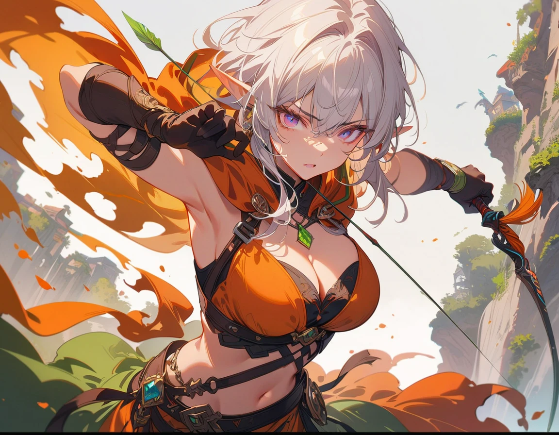 1girl, dark elf,large breasts, hooded cloak, bow and arrow, highly detailed, intricate, fantasy, dark mood, (best quality,4K,8K,highres,masterpiece:1.2),ultra-detailed,Elf female archer holding a bow and arrow,Bow drawing action,(Archer:1.2),Archery