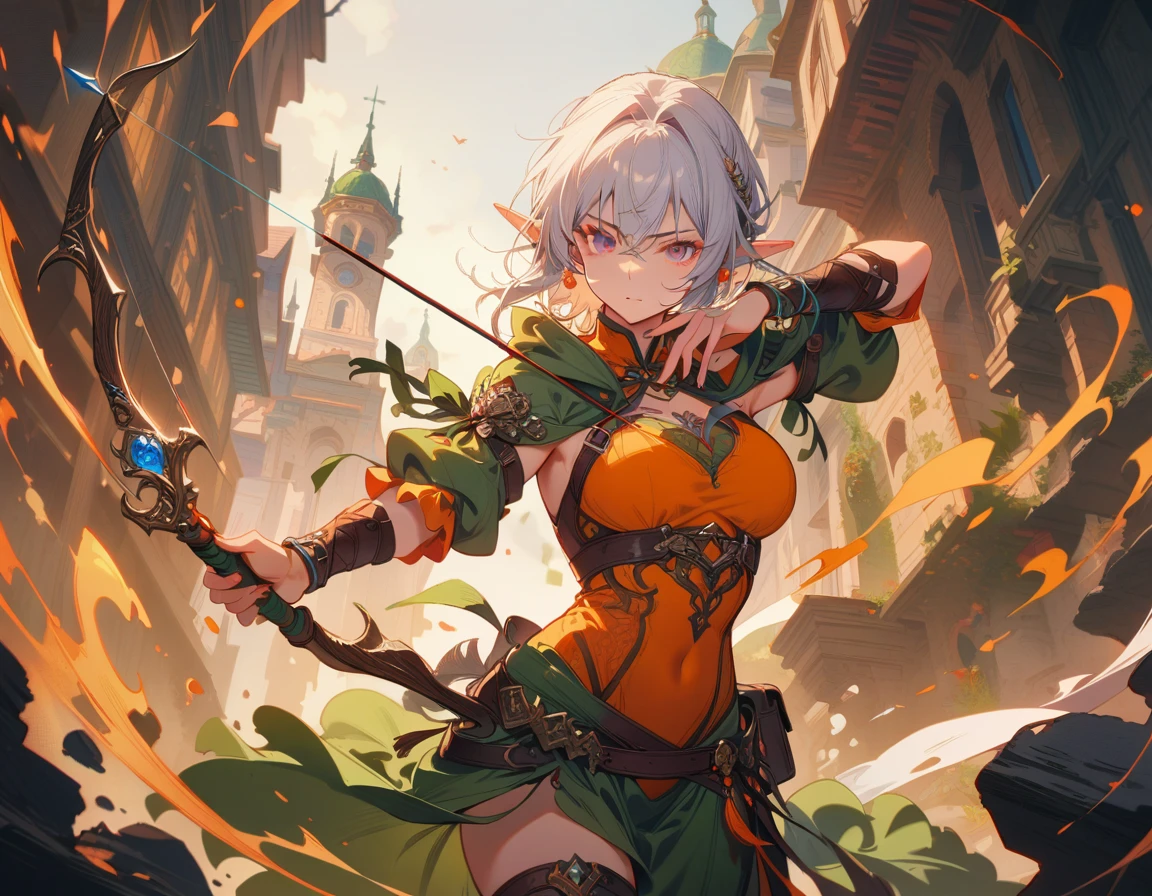 1girl, dark elf,large breasts, hooded cloak, bow and arrow, highly detailed, intricate, fantasy, dark mood, (best quality,4K,8K,highres,masterpiece:1.2),ultra-detailed,Elf female archer holding a bow and arrow,Bow drawing action,(Archer:1.2)