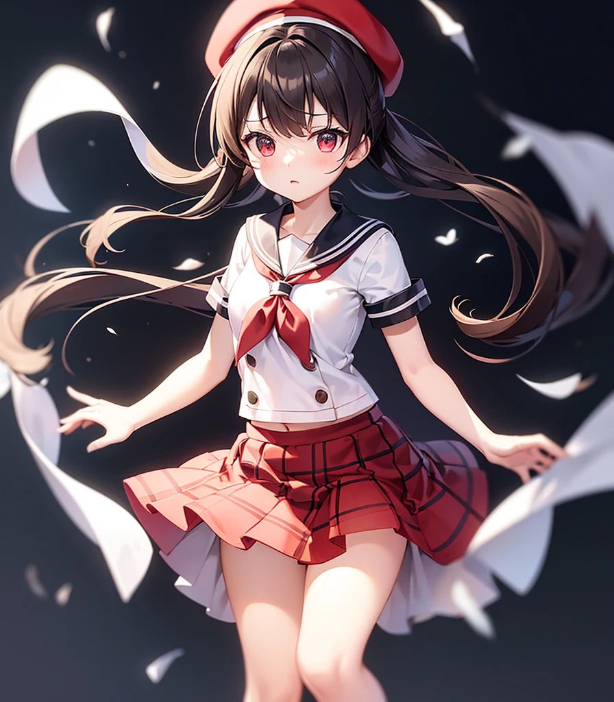 (Sailor suit),(((Red checked mini skirt))),Frills,(Red Beret),,Cute little loli,Tiny Lori,Small girl,,Childish face, Very fine clean face,Top quality, Big eyes,Straight Hair,Yellow hair,Crimson Eye,(Dark Room), Subtle light, Natural light,Soft lighting,Light from directly behind, (Are standing), Cute pose, (Open your hands), Showing the whole body,Front view,Black background