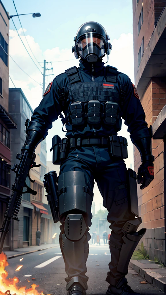 armed guard with helmet and riot shield looking angry at me
