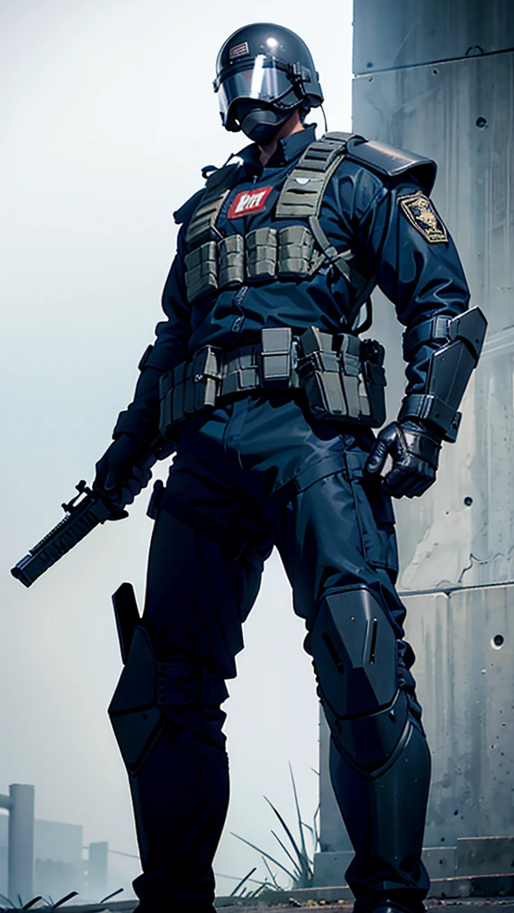 olive green armed guard with helmet and riot shield looking angry at me