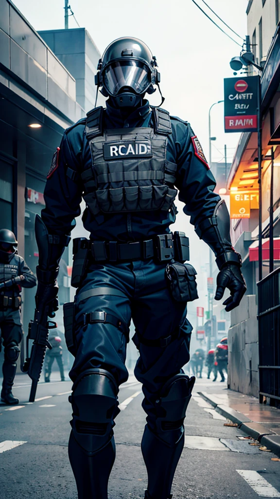 armed guard with helmet and riot shield looking angry at me