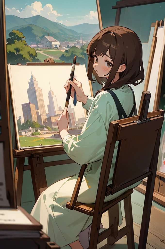 ((best quality)), ((masterpiece)), (detailed),  1 sad brown haired anime girl in a drawing studio, sitting in front of an easel with a brush in hand drawing a picture of a landscape looking at her painting