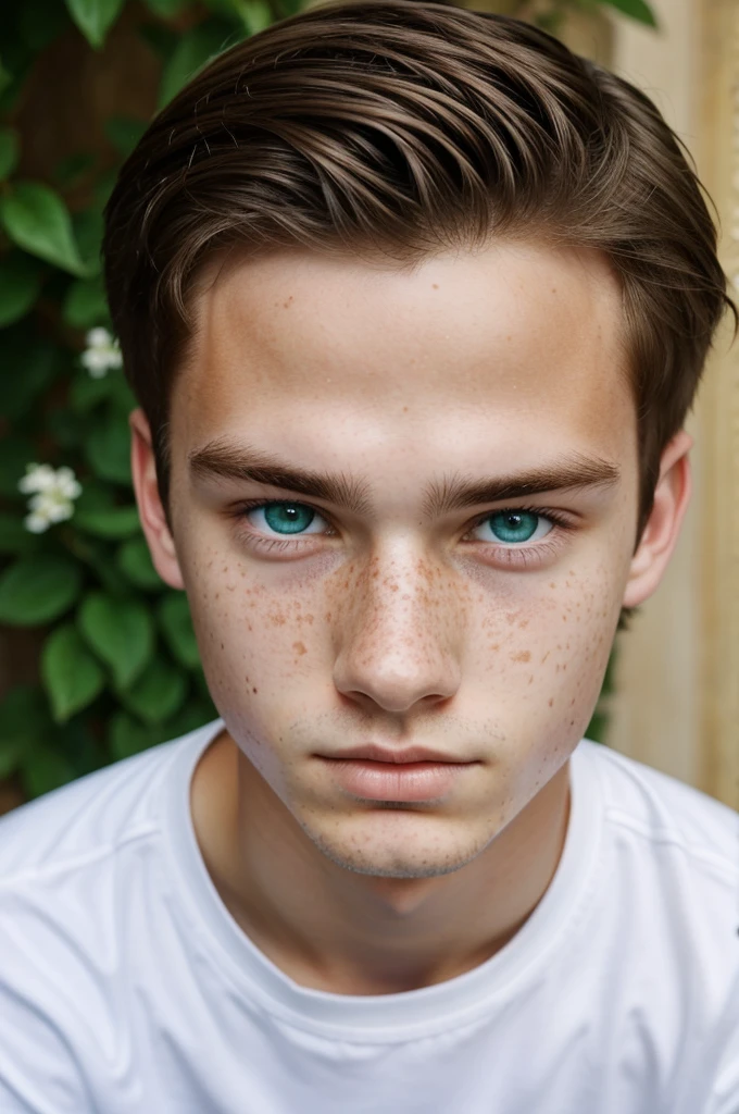 17 year old boy, White skin, blue green eyes, Brown hair, freckles on the face and a mole under the left eye