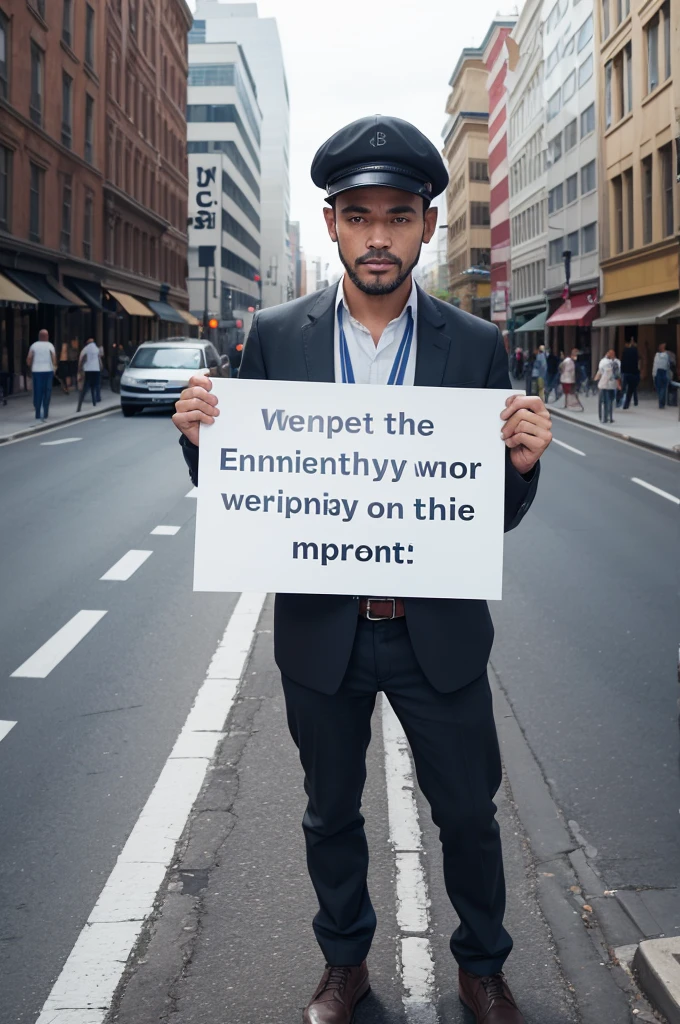 Create an image of a man in the middle of the street holding a sign that says: "employment is the best social program there is"
