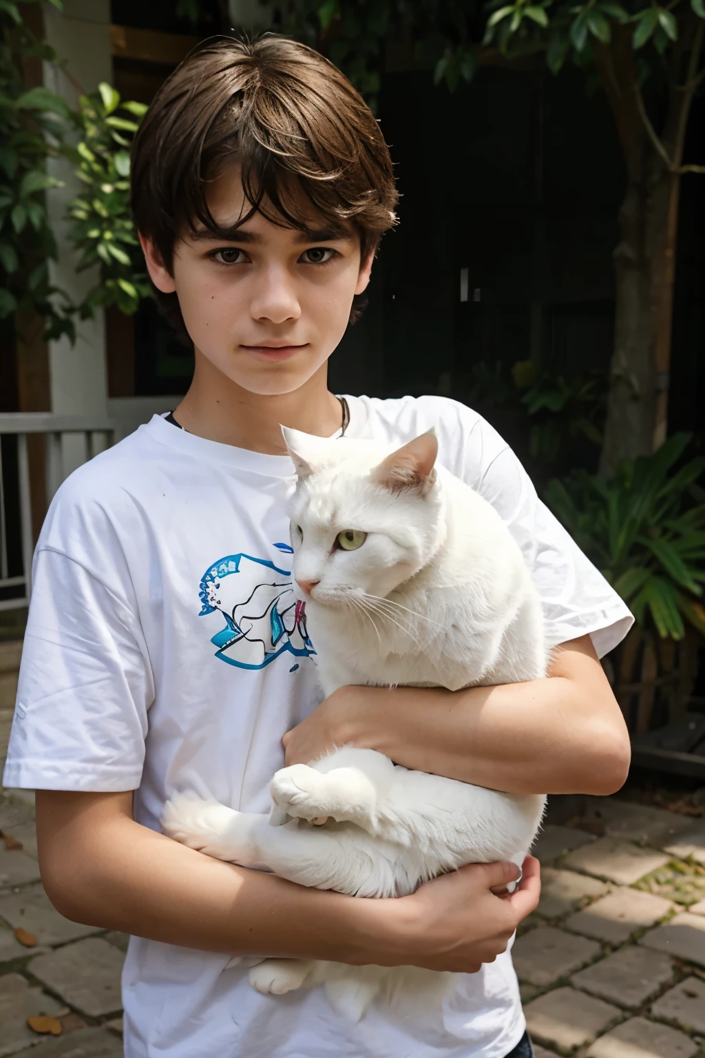 boy holding a white cat