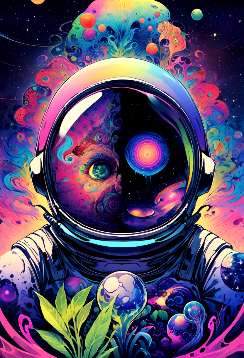 HD Details, close-up of a man in a spacesuit, planets in the background, psychedelic cosmic horror, psychedelic illustrations, cosmic space, plants growing, The world of psychosis, background space graphic art, cosmic illustration, cosmic space, LSD cosmic poster art, dmt space behind, cena espacial, surreal space, cosmic style