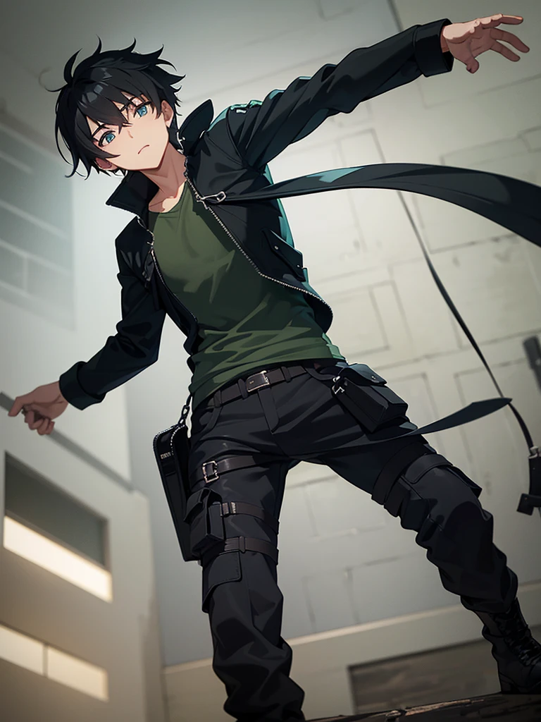 Main Clothing**:
- **chemise**: Ryuga wears a black fitted long-sleeved shirt., made from a lightweight, durable fabric that allows freedom of movement and protection from the weather.
- **jaket**: Over the shirt, he wears a dark green sleeveless jacket with several pockets, Ideal for carrying essential items and small Hunter gear.
- **Pants**: Pants cargo de cor cinza, Reinforced knees for durability and multiple pockets for extra utility.
- **shoes**: black combat boots, resistant and comfortable, perfect for long walks and fights.