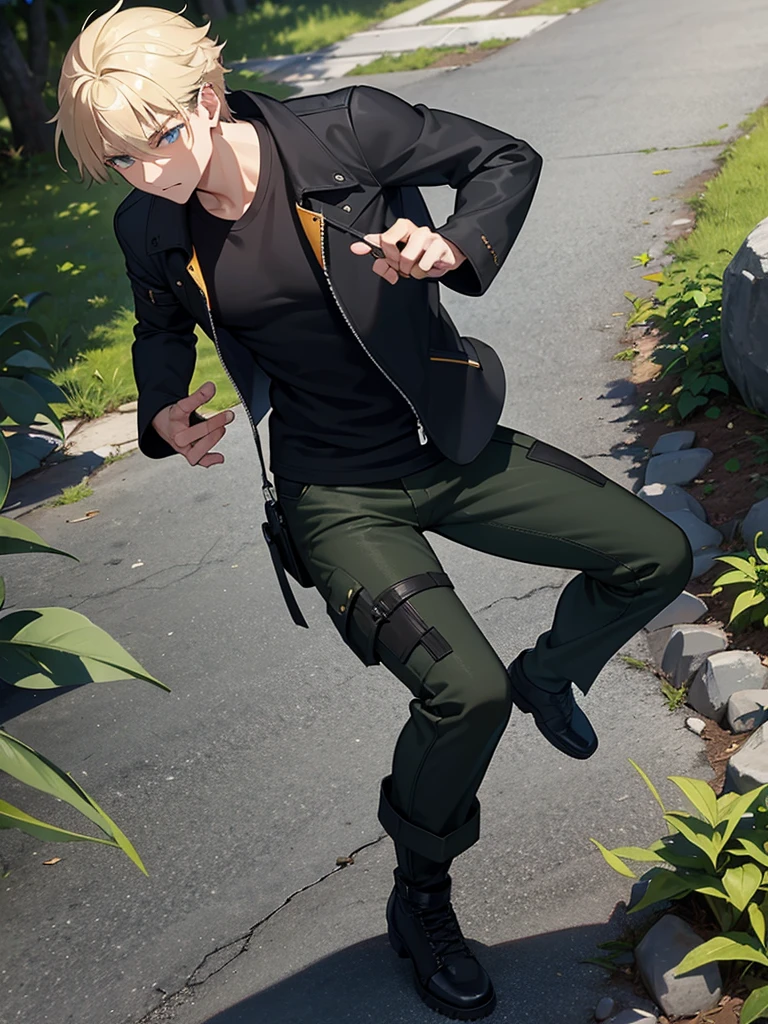 Main Clothing**:
- **chemise**: Ryuga wears a black fitted long-sleeved shirt., made from a lightweight, durable fabric that allows freedom of movement and protection from the weather.
- **jaket**: Over the shirt, he wears a dark green sleeveless jacket with several pockets, Ideal for carrying essential items and small Hunter gear.
- **Pants**: Pants cargo de cor cinza, Reinforced knees for durability and multiple pockets for extra utility.
- **shoes**: black combat boots, resistant and comfortable, perfect for long walks and fights.